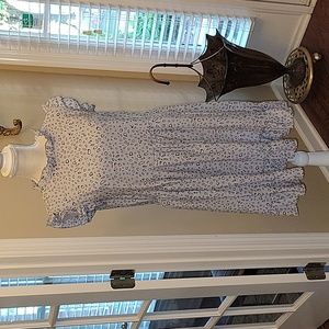 Ces Femme dress blue ruffle neck arm hem tan black heart print sleeveless L …EUC